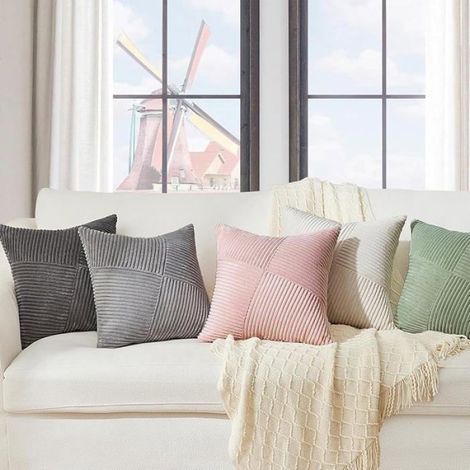 Lot de 2 Housse Coussin, Velours Côtelé, Motif Rayures, Fermeture Éclair, Salon Canapé (1/5)