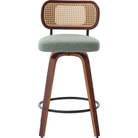 DESMIU Tabouret de bar pivotant lot de 3 avec dossier en rotin PE et repose-pieds en métal en Lin Vert Olive 26 pouces