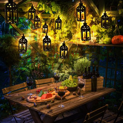 Lichterkette LED Solar Aussen Solarlampe Balkon Dekoration in Laternenform, Kunststoff schwarz, 10x LED warmweiß, L 200 cm, Terrasse