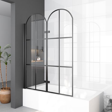 Duschwand für Badewanne 120x140 cm 2 Teilig faltbar Schwarz Badewannenaufsatz Glas Duschtrennwand Badewannenfaltwand, 6 mm Sicherheitsglas (1/5)