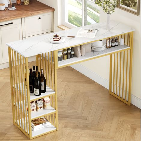 Tavolo bar 140x40x105 cm con contenitore, piano effetto marmo, struttura metallo e dorata per cucina - bianco (1/5)