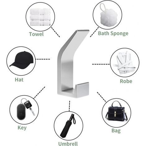 Crochets autocollants 6 pièces, crochet double pour serviette de salle de bain, support mural autocollant pour cuisine, salle de bain, bureau, placard, aluminium, argent (1/3)