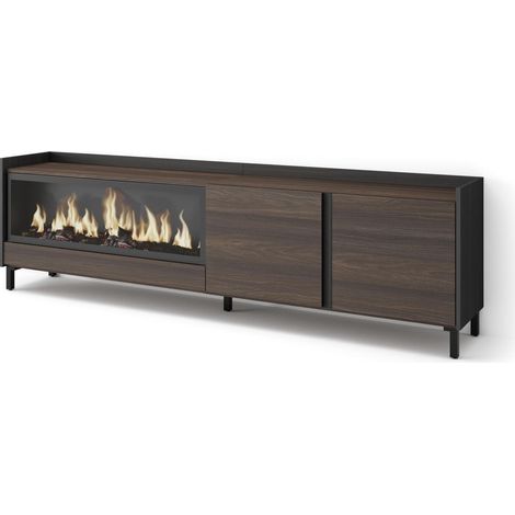 Skraut Home - Meuble TV, Banc Télé, Grand espace de Rangement, 212x35x61cm, Pour les TV jusqu'à 80", Cheminée électrique XXL, Design industriel, Style moderne, Chêne foncé et Noir (1/5)