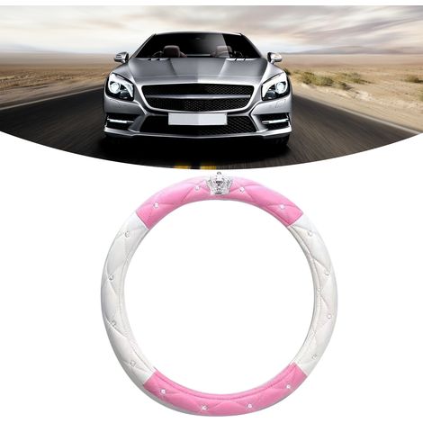 Lenkradbezug für Damen, rutschfest, universell, aus PU-Leder, mit rosa und weißen Strasssteinen (1/5)