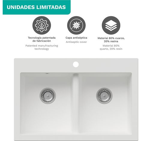 Fregadero de cocina de cuarzo Oblack Celine 84x56 cm doble cubeta color blanco