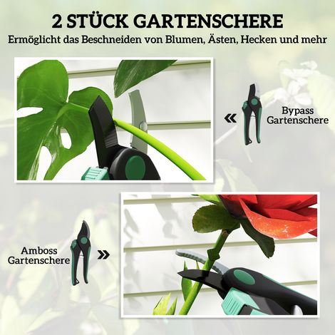 Lot de jardinage 2 pièces, outils métalliques avec sécateur, vert et noir (1/4)