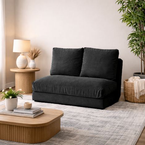 Schlafsofa Japandi 2-Sitzer aus schwarzem Stoff – niedrige