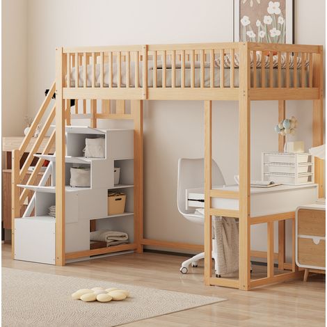 MODFU – Lit mezzanine enfant 90x200 cm pin – Bureau multifonction et escalier rangements – Sommier 15 lattes – Chambre d'enfant – Blanc/chêne clair (1/5)