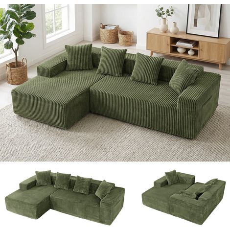 Divano angolare compresso a 3 posti in velluto a coste, divano modulare Cloud, chaise longue a sinistra, non richiede montaggio, 261x156x80 cm, verde (1/5)