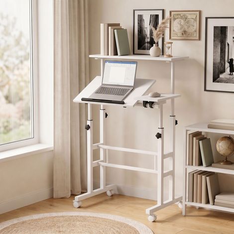Bureau Assis-Debout, Bureau Réglable en Hauteur 70 x 60 cm, à Roulettes avec Plateau Inclinable, 70x60x70,5-120cm, Blanc (1/5)
