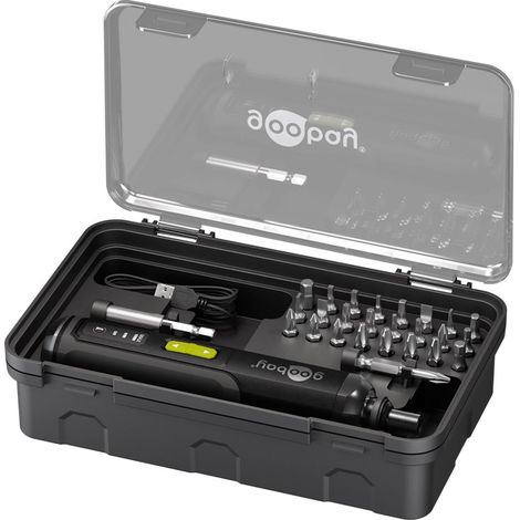 goobay Mini destornillador eléctrico recargable 28 en 1 con batería de litio, 24 puntas de acero Cr-V, adaptador, extensión, luz LED y cable USB-C, 3 niveles de par (1–3 Nm), 77816 (1/5)