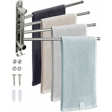 Porte-serviettes mural 4 barres pivotant 180° en acier inoxydable, barre chromée argent pour salle de bain, support fixe robuste (1/5)