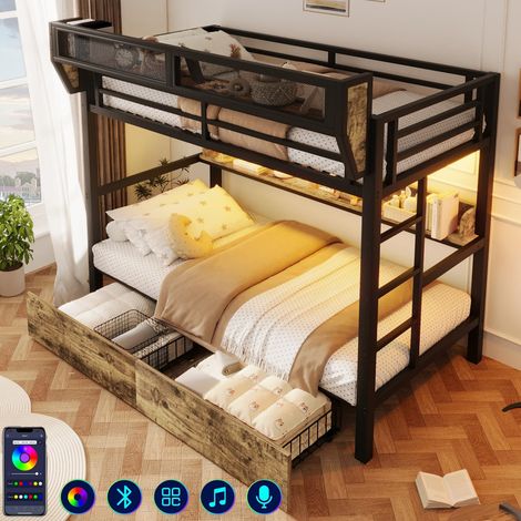 Lit superposé 90 x 200 cm en fer avec tablette et panier de rangement, Lit Mezzanine avec 2 tiroirs en métal et éclairage LED – sans matelas (1/5)
