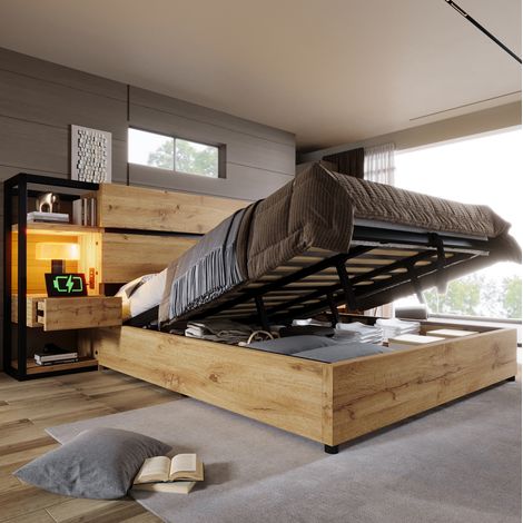 Letto matrimoniale industriale MDF e metallo rovere 180x200 cm con testiera contenitore, 2 cassetti, USB e vano sottorete (1/5)