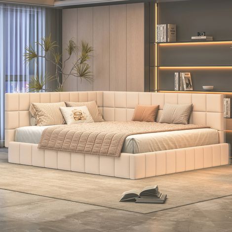 Divano letto 160x200 cm con schienale beige, legno e velluto, senza materasso FloraGrace (1/5)