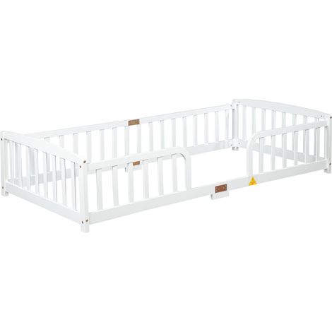 Lit au sol pour enfant avec barrières de sécurité 90 x 200 cm en bois de pin blanc (1/5)