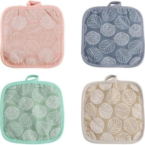 4PCS Manique Cuisine en Coton et Lin Résistants à la Chaleur Motif Feuille Maniques Cuisine Antidérapant avec Trous de Suspension (1/4)