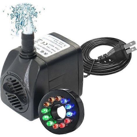 Pompe de fontaine submersible 15W 160Gb/H avec lumières LED, adaptée aux jeux d'eau, bassins extérieurs, aquariums et fontaines décoratives. (1/4)