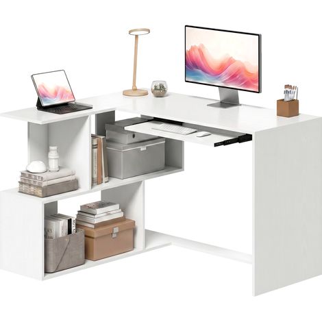 Bureau d avec tablette pour clavier et étagères ouvertes pliable blanc pour salon d'angle, d'ordinateur ouvertes, aspect bois (1/5)