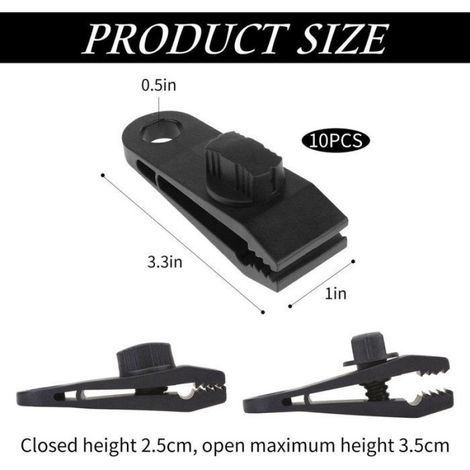 10 Pinces Pour Tente, 2.6x8.3x3 Cm, Clip Pour Bâche Auvent, Accessoire Pour Camping Activités Extérieures, Noir (1/4)