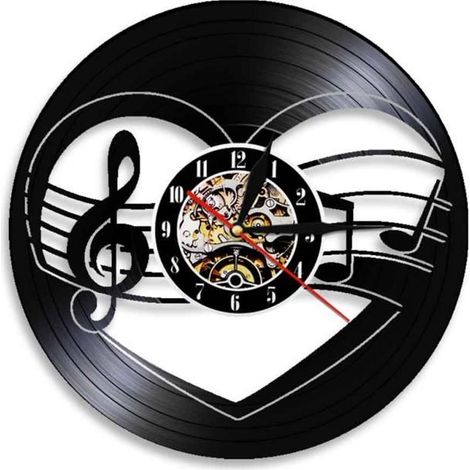 Horloge murale en vinyle avec notes de musique - Décoration murale pour salon - Cadeau unique pour mélomane (1/5)