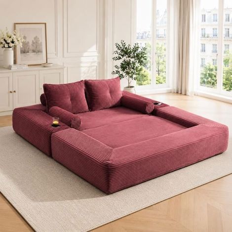 Canapé Convertible 180x98x80cm Velours Côtelé Rouge - Canapé-Lit - Mousse Haute Densité, Porte-Gobelets, Poches, 2 Coussins Inclus (1/5)