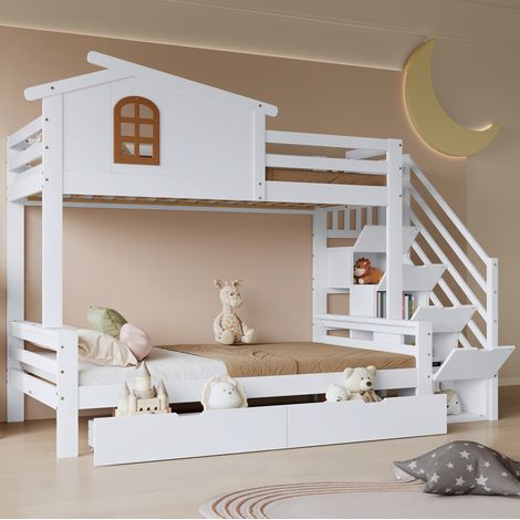 Etagenbett Kinder 90x200 cm aus Massivholz und MDF in Weiß/Natur, mit 2 Schubladen und Eckleiter (1/5)