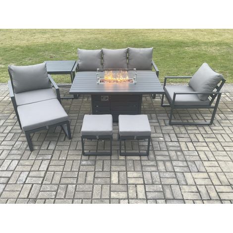 Fimous Aluminium Patio Outdoor Garden Furniture Lounge Sofa Set Gas Fire Pit Dining Table with Side Table 3 Footstools Dark Grey (1/5)