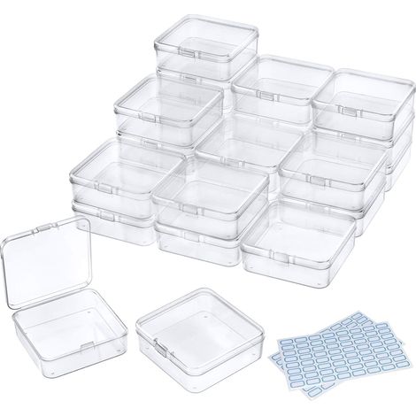 Lot de 24 Boite Rangement Plastique Transparente, Conteneur avec Couvercle pour Perles, Bijoux, Travaux Manuels (7,4x7,4x2,5 cm)