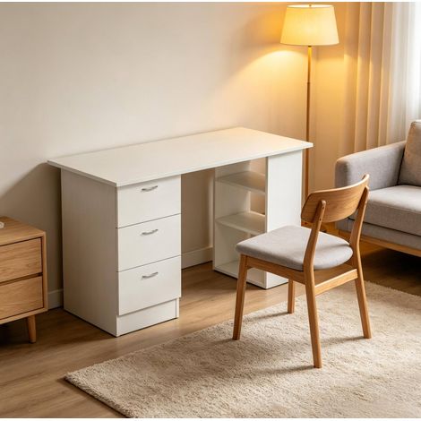 Bureau informatique blanc avec 3 tiroirs et 3 étagères réversibles, 120 x 49 x 72 cm, MDF OKWISH (1/5)
