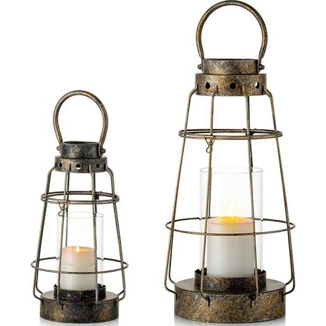 2 Pièces Lanterne Bougeoir, Fer Et Verre, Style Rustique, Suspendu Ou Posé, Décoration Intérieur Extérieur