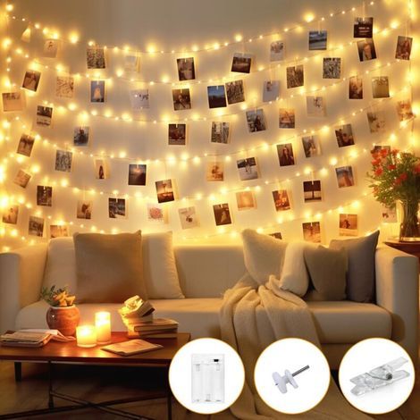 btfarm Guirlande lumineuse 150 LED pour photos - 15 m - Avec minuteur - Avec 60 pinces - Pour photos murales - Fonctionne avec piles - Pour chambre, salon, mariage, fête