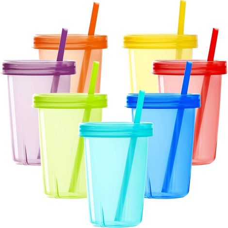 Kinderbecher 7er Set mit Deckel & Strohhalm, 330ml, BPA-frei, bruchfest (1/4)