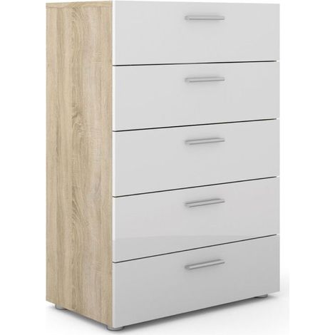 Petra Kommode 5 Schubladen Eiche Struktur Dekor und weiss Hochglanz.
