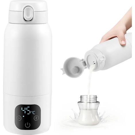Chauffe-biberon sans fil portable : chauffe en 3 min, température 35-70 °C, étanche. Batterie 11 000 mAh, contenance 500 ml. Adapté lait maternel, lait infantile et eau, parfait pour les voyages.