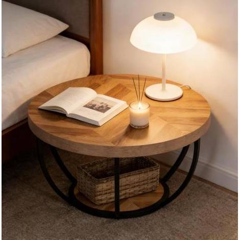 Tavolino da caffè rotondo a 2 livelli, design organico minimalista, struttura in metallo e legno finitura wood (1/5)