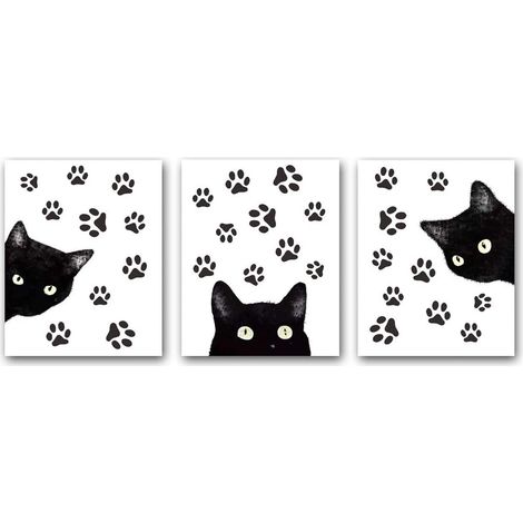 Ensemble de 3 affiches murales représentant des chats, poster amusant avec un chat noir et sa griffe, jolie toile décorative pour le salon. Cadeau. (Sans cadre, 20 x 25 cm). (1/5)