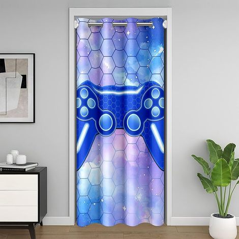 Rideau de porte Gamer pour adolescents et adultes, gaming moderne hexagonal, console de jeu, armoire, porte, 86 x 203 cm, Honeycomb violet bleu Galaxy pour partition, décoration de - 86L X 203H cm (1 (1/5)