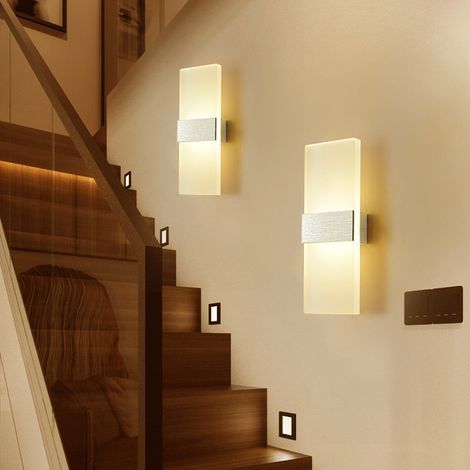 Applique murale intérieure 12 W, finition argent brossé, lumière chaude, AC 85-265 V, éclairage moderne en acrylique pour couloir, chambre, escalier, éclairage décoratif. Dimensions : 29 x 11 x 4,5 mm (1/5)