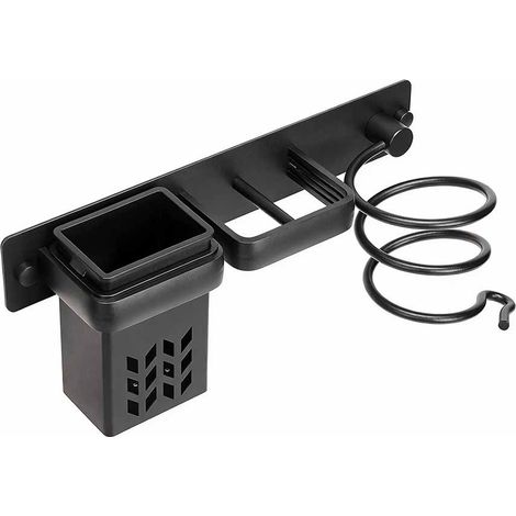 Porte Sèche-Cheveux en Aluminium Salle de Bain Rangement Accessoires Support Organisateur Ensemble et Lisseur Mural Professionnel D'étagère Avec Trous pour Hôtel de Chambre à Coucher,Noir (1/5)