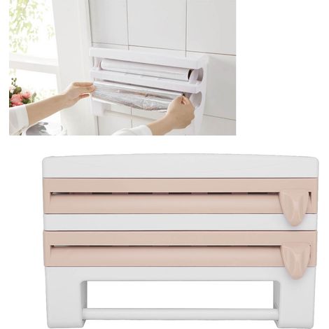 Étagère de rangement créative et multifonctionnelle pour film alimentaire avec coupe-film, étagère de cuisine, boîte de rangement, blanche (1/5)