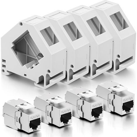 4 Modules Keystone Cat 6A + 4 Adaptateur Rail DIN Support Keystones, Adaptateur de Rail DIN Standard 35 mm pour Module Keystone Réseau Cat6a Cat6 Cat5e, Connecteur Blindé avec Support (1/5)