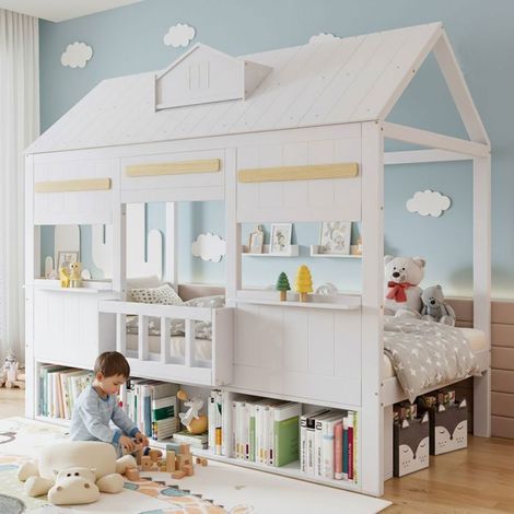 Lit Mezzanine Enfant 90x200cm Blanc avec Bibliothèque - Lit Enfant - Design Maison, Pin Massif, Sommier Inclus, garde-corps sécurité (1/5)