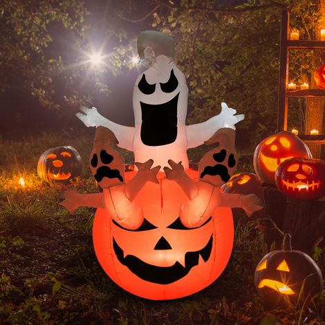 Décoration d'Halloween gonflable en forme de citrouille fantôme avec éclairage LED, polyester, 120 x 120 x 180 cm (1/5)