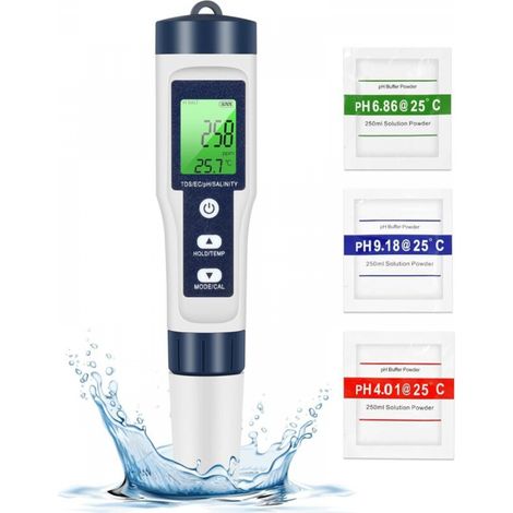 PH TDS Meter, testeur de qualité de l'eau 5 en 1 PH/TDS/EC/SEL/température TDS mètre LCD rétroéclairage vert pour piscine/aquarium/étang (1/5)
