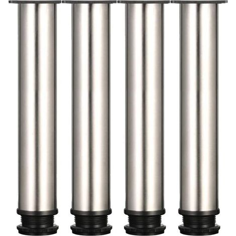 4 adjustable feet - height 250 mm, thick furniture feet, height adjustable 0-15 mm, table legs, furniture legs, brushed stainless steel - stainless steel screws included