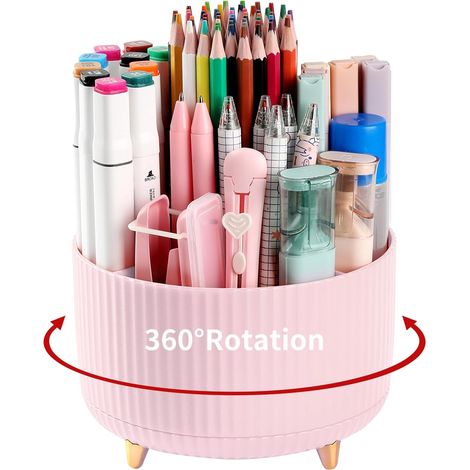 Pot à crayons de bureau à 5 emplacements, rotatif à 360°, avec de jolis pots roses, idéal pour le bureau, l'école, la maison et les loisirs créatifs. (1/5)