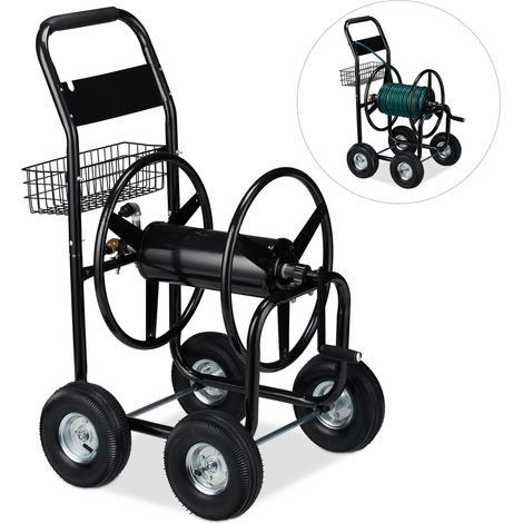Relaxdays Hose Cart Metal, 4 Rubber Wheels, XL Garden Hosepipe Trolley, Crank, Holds 60 m, HWD 114 x 64 x 90 cm, Black (1/5)