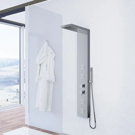 Pannello doccia squadrato acciaio inox spazzolato con doccino cascata e getti idromassaggio Lares (1/4)