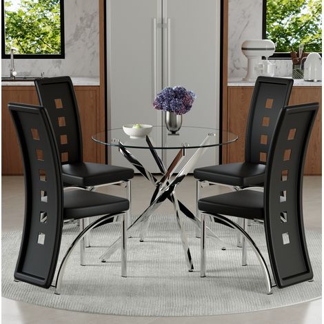 Set tavolo da pranzo con 4 sedie 88x88x75 cm, vetro temperato, schienale traforato, metallo PU, nero argento trasparente (1/5)